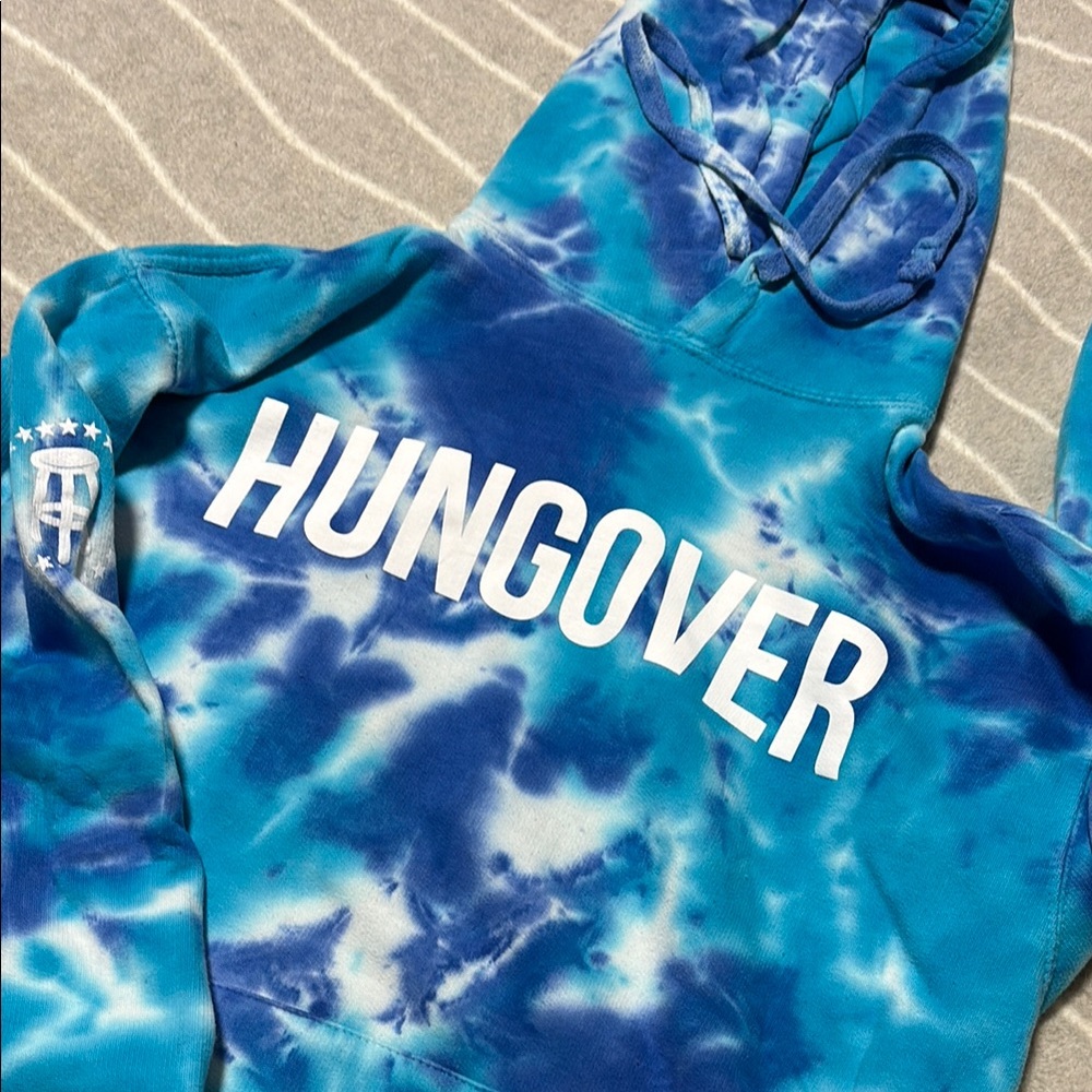 Blue Bar Stool Sports Tie-Dye Hoodie with 'HUNGOVER' Print